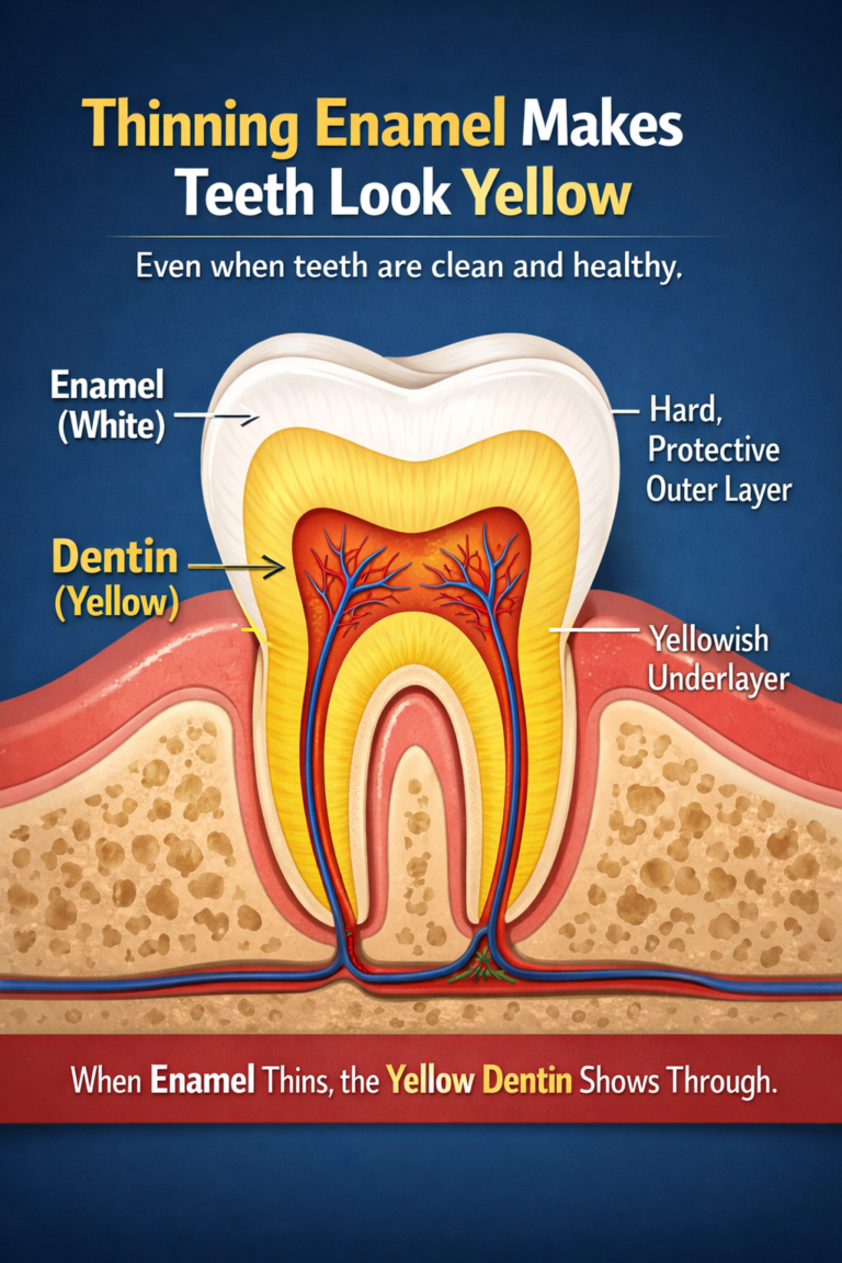 Enamel and dentin layers causing yellow teeth