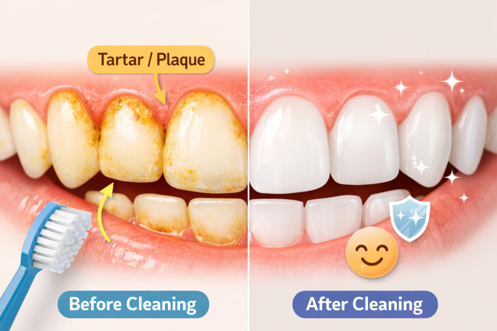 Teeth cleaning comparison before and after