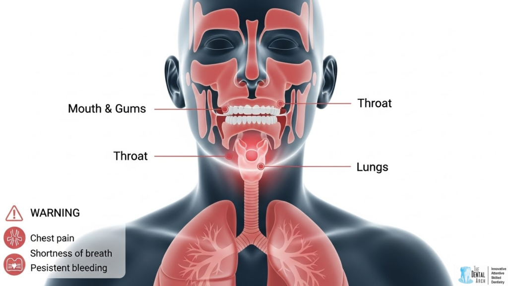 Blood in saliva showing possible causes from gums, throat and lungs with medical warning signs