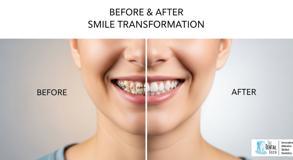 Before and after teeth straightening without braces