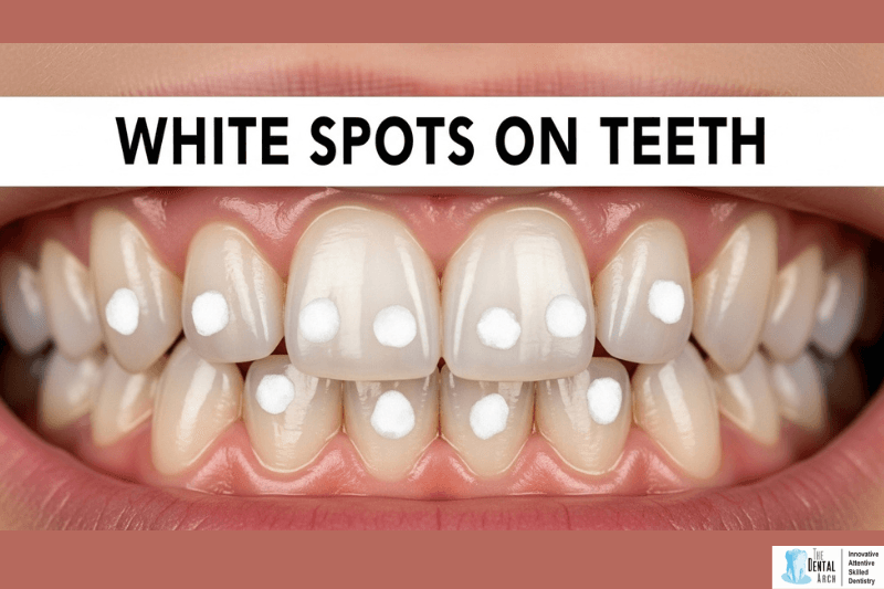 Close-up of teeth with white spots on enamel