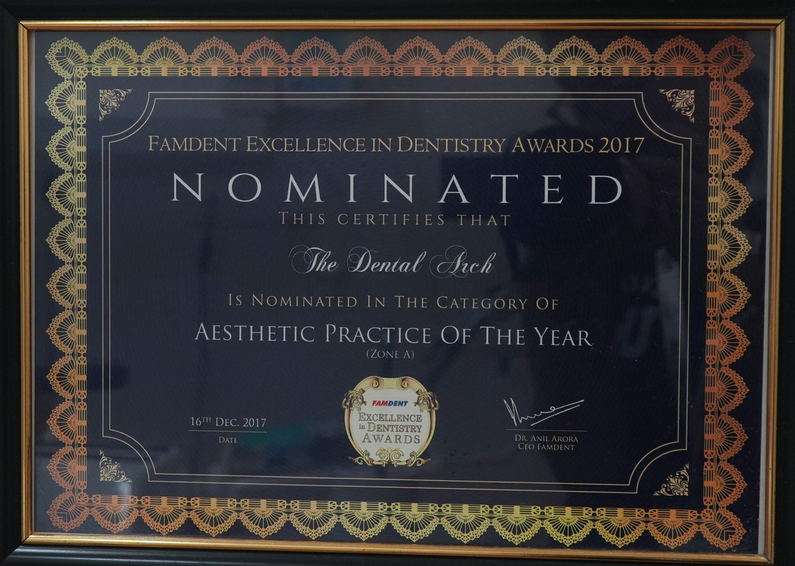 Nomination certificate for The Dental Arch as Aesthetic Practice of the Year at the Famdent Excellence in Dentistry Awards 2017.