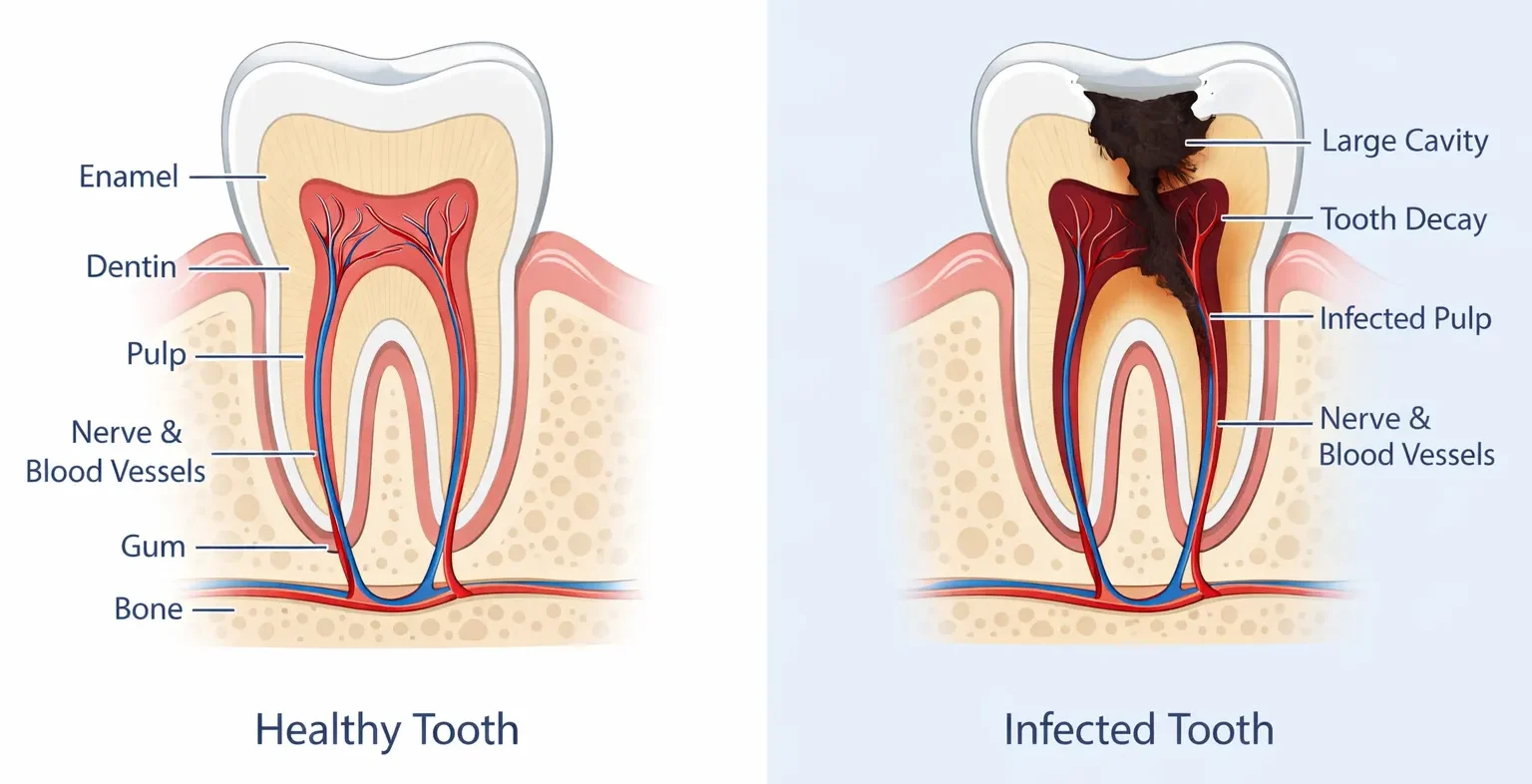 healthy tooth vs infected tooth comparison